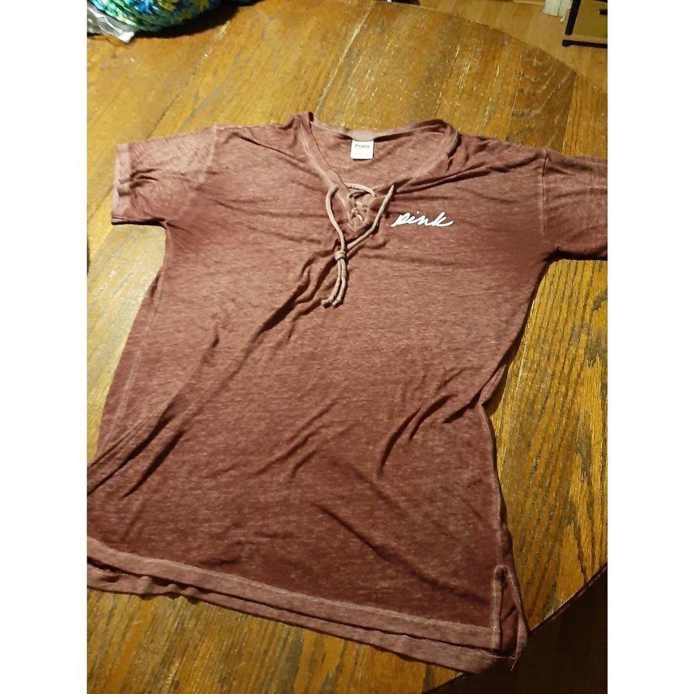 Medium Pink Victorias Secret Mauve Short Sleeve Lace Neck Semi Sheer Top Shirt